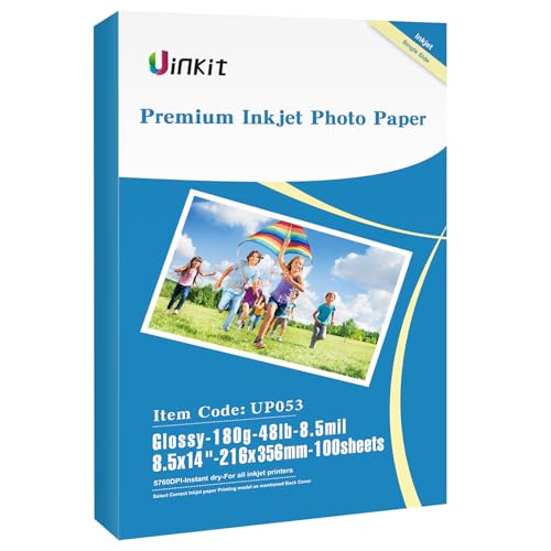 Uinkit Glossy Inkjet Photo Paper 8.5X14 Inches 48lb 100 Sheets Legal Size Professional Glossy Photographic Paper Compatible with Inkjet Printer Use DYE INK 180gsm