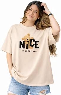 Brown Oversized T-Shirt for Women, Nice to Meet You Teddy Bear Graphic Print, Short Sleeve Price In India