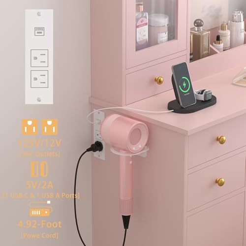 Image of Wodeer Vanity Desk with Mirror and Lights, 43 inch Pink Makeup Vanity Set with 5 Drawers & Glass Cabinets, Makeup Tray, Power Outlet & Adjustable LED Lights, Dressing Table for Women & Girls Bedroom