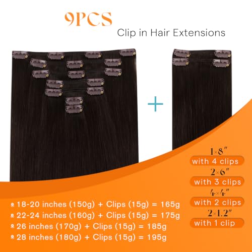 Image of Sunny Hair Clip in Hair Extensions Real Human Hair Dark Brown 26inch 190g | Clip in Human Hair Extensions Dark Brown Create Natural Coverage, Soft Texture Extra Long Hair and Silky Straight for Event