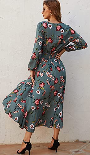Kormei Women Long Sleeve V Neck Floral High Low Flowy Party Long Maxi Dress L D10-Grey