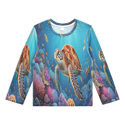DOMIKING Sea Turtle Coral Blue Boys Long Sleeve Rashguard Shirt Kids Quick Dry Swim Shirt for Running Swiming Pool 9-10T
