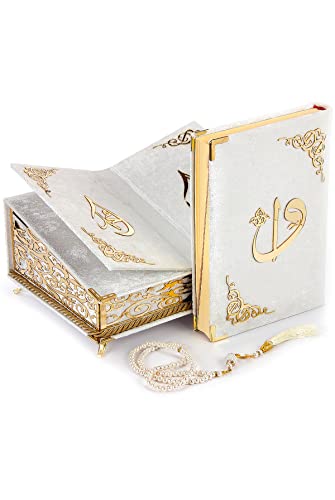ihvan online Spezielle elegante samtige dekorative Schachtel mit Rahel, samtiges Koranbuch in Arabisch, muslimisches Heim- und Tischdekor, perfekter islamischer Ramadan Eid Geschenke, weiß Cover