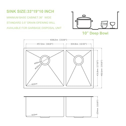 33 Kitchen Sink Double Basin - Lofeyo 33 X 19 Stainless Steel Kitchen Sink 60/40 Double Bowl 16 Gauge Round Corner Undermount Kitchen Sink Basin #TOP3