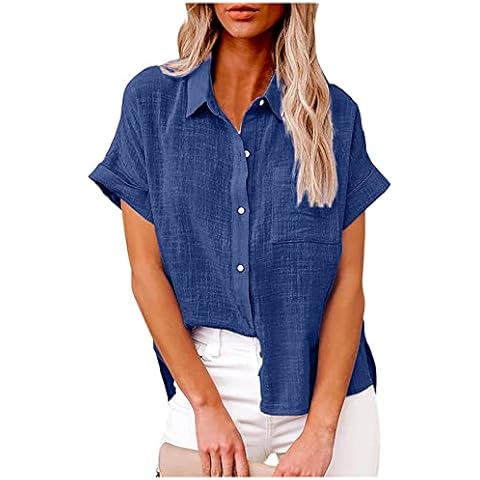 Lastesso Tops for Women Trendy Summer Linen Shirts for Women Button Up Cotton Short Sleeve Blouses Casual Collared Loose Shirt Soft Summer Beach Tops Peime Cover