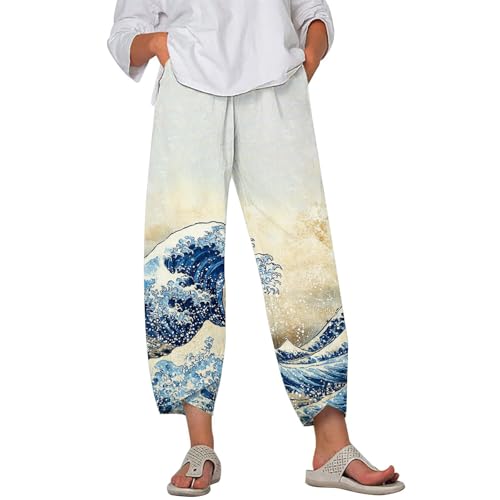 HOTYD Japanese Wige Leg Pants for Women Artist Linen Pants Womens Capri Pants Summer Baggy Cropped Trouser with Pockets