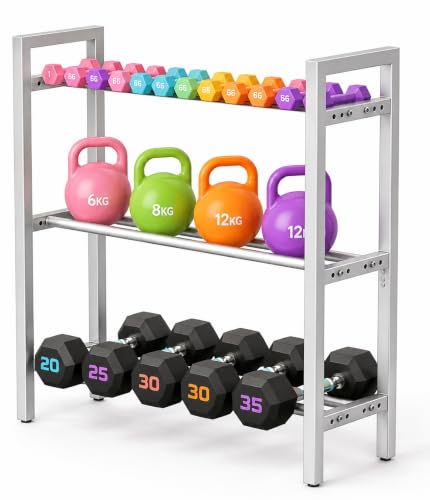 Image of WINSTAR 3-Tier Adjustable Dumbbell Rack | Heavy-Duty Home Gym Weight Storage Stand for Dumbbells & Kettlebells | Space-Saving Home Gym Organizer (Rack Only, Silver)