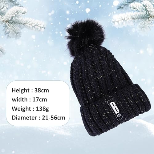 Image of SYGA Winter Beanie Hat for Women Warm Thick Cotton Lining Knit Bobble Pom Pom Skull Cap Fleece Lined Warm Cap Outdoor Sports Hat for Ladies Women Girl Free Size