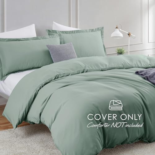 Image of Hearth & Harbor Sage Green Duvet Cover Queen Size, 3 Piece Bedding Set | Soft Double Brushed Bedding Set, Button Closure, 1 Duvet Cover 90x90 Inches, 2 Pillow Shams