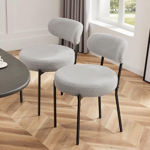 Sweetcrispy Dining Chairs Set of 2, Boucle Upholstered Modern Mid Century Round Kitchen Chairs with Curved Backrest & Metal Legs for Vanity, Living Room - Classic Grey