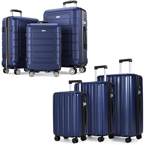 SHOWKOO Luggage Sets 100% PC & PC+ABS Expandable Suitcase Sets Double Spinner Wheels TSA Lock 3pcs+3pcs Blue Cover