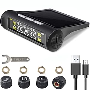 WholeFire Autobandenspanningscontrolesysteem, 6 alarmmodi Universele draadloze slimme bandenveiligheidsmonitor met zonne-energie en USB-lading, 4 externe dopsensoren, realtime druk- en temperatuurwaarschuwingen
