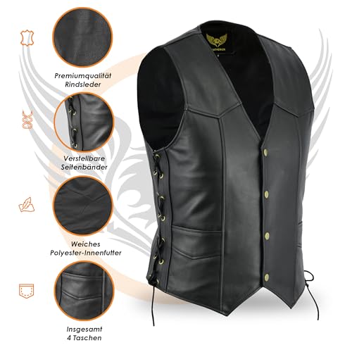 Leatherick Herren Premium Top Genarbt Rindsleder Klassische Motorradweste mit seitlichen Schnürungen schwarz Gr. 5XL, Schwarz