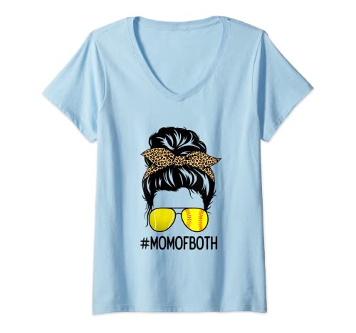 Mujer Tenis Y Softbol Mamá De Ambos Desordenado Bollo Día De La Madre Camiseta Cuello V