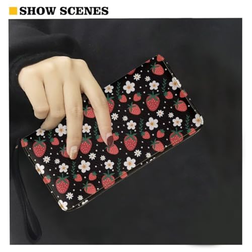 Black Leather Wallet Women Strawberry Floral Print Fashion Clutch Coin Purse Large Capacity Long Wallet With Wristlet Strap4