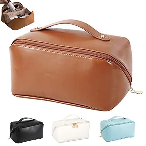 Trousse de Toilette Voyage Grande Capacité, Trousse à Maquillage Femme, Sac de Toilette en Cuir étanche, pour Les Cosmétiques Soins La Peau, Articles Toilette (Brown)