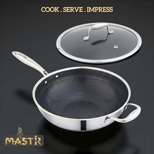 Mastir Stainless Steel Wok 28 cm with Tempered Glass Lid – Hybrid Honeycomb Nonstick, PFOA-Free, EU Approved – One Long Handle with Helper Ear Handle – Induction, Oven & Dishwasher Safe Cookware by Mastir - Image 3