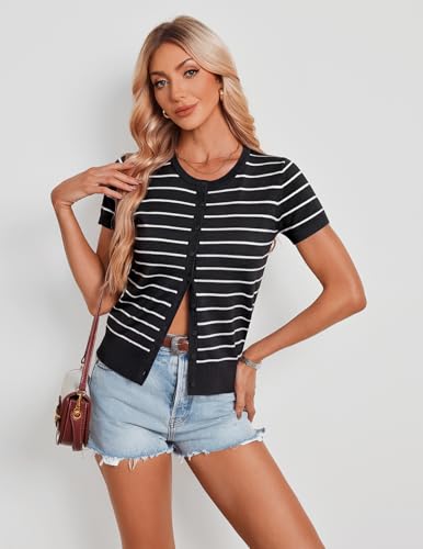 Image of GRACE KARIN Women Short Sleeve Cardigan, 2026 Summer Knitted Sweater Tops, Basic Crew Neck Crop Outfits