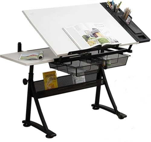 高さ調節可能な描画アートテーブル、アーティストデスク傾斜ガラス卓上絵画ワークステーション収納引き出し付き、ライティングアートクラフトワークステーション