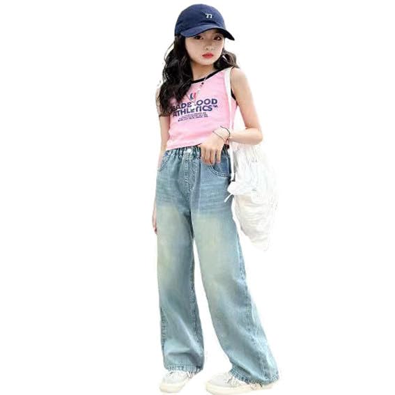 Girls Embroidered Wide Leg Jeans Elastic Waist Loose Casual Denim Pants with Pockets Comfortable Stylish Trendy2