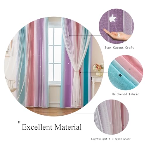 Image of indistar Dreamy Star Cutout Blackout Curtains with White Sheer,Double Layer Curtains for Girls Bedroom, Hollow Out Drapes for Nursery (2 Panel,52Wx63L,Purple Pink Green)