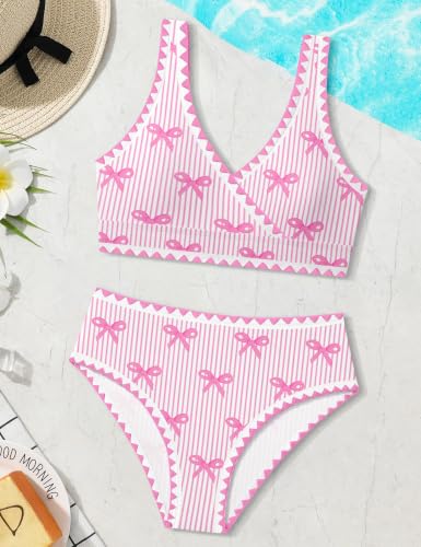 Image of KANGKANG Girls Swimsuit Bikini Set Solid Color V-Neck Two Piece Bathing Suit with Chest Pad Adjustable Straps Swimwear 7-16T