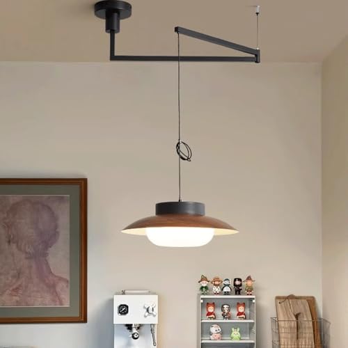 LED Hanging Pendant Light with Swing Arm Ceiling Black Wood Mid Century Modern Lighting White Adjustable Lamp Green Vintage Rustic Chandelier for Kitchen Island Dining Room