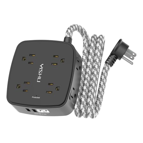 Image of Surge Protector Power Strip - YISHU 8 Outlets with 4 USB (2 USB C) Charging Ports, 5Ft Braided Extension Cord, Flat Plug Multi Plug Outlet Extender Charging Station for Home Office, ETL, Black