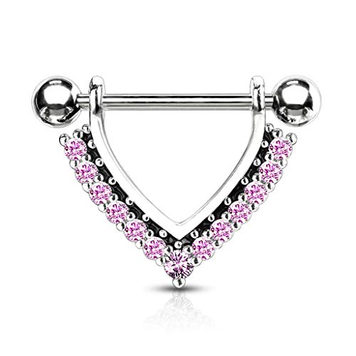 Tata Gisèle Piercing Sein Téton en Acier Chirurgical 316L et Oxydes de Zirconium - Triangle en Acier Entouré de Zircons Sertis - Différentes Couleurs - (Argenté/Rose)