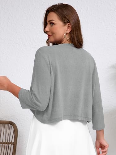 AusLook Plus Size Women Bolero Shrugs 3/4 Sleeve Light Gray 4X Open Front Knit Lightweight Coat Cropped Tops Shawls and Wraps Cardigan Dressy Sweater Clothes — view 2