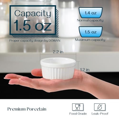 DOWAN Dipping Bowls 1.5 oz, Sauce Cups Mini Ramekins, Tiny Ramekin Porcelain Souffle Dish, Dessert Cups Small Bowls Condiment Cups for Charcuterie Board, Microwave & Oven Safe, Set of 6, Soft White - Image 3
