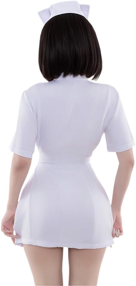 sexy nurse costume outfit for women lingerie Dress Uniform naughty Seductive Roleplay Cosplay Babydoll Perfect for Halloween Party skirt hat Headpiece Bodysuit Set with Headband White