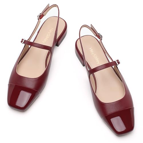 Genuine Leather Slingback Flats for Women Square Toe Elegant Women's Flats with Buckle Strap Dress Shoes for Casual Work Office Party