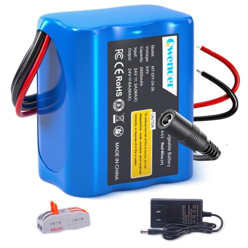 22.2V-24V 2.6Ah Lithium Battery, 22.2V-24V Rechargeable Li-ion Battery with Charger, Bare Leads Wire, Cable Connector for Kids Ride On Cars, DIY Project, Solar Panels, LED Light Strip, CCTV Camera