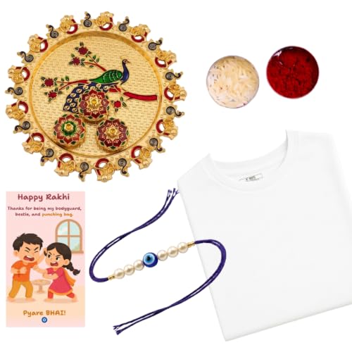 Image of Evil Eye Pearl Rakhi with White T-Shirt & Peacock Designer Pooja Thali Gift Combo for Brother, Nazar Suraksha Rakhi, Greeting Card, Roli Chawal, Raksha Bandhan Gift Set for Bhai