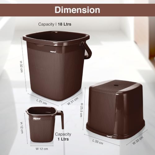 Image of Nayasa Rimmy Strong Plastic Bucket, Mug and Stool Set (3pc Set)| Bathroom Set | (Dark Brown, 18 Liter Bucket, 1.5ltr Mug, a Stool)