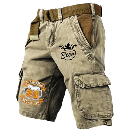 Image of Generisch Mens Cargo Shorts Beer Festival Print Casual Summer Utility Shorts with Zipper Pocket for Daily Outdoor Use, khaki, L