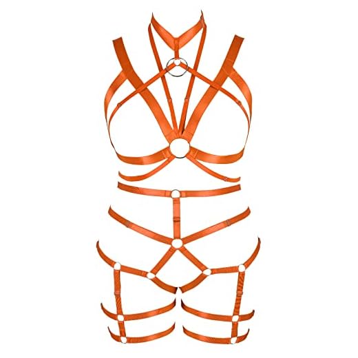 BBOHSS Conjunto de Sujetador de arnés para Mujer, cinturón de Pierna, Medias, Liguero, Talla Grande, Recorte gótico, Carnaval, Navidad, Disfraz de Moda (Naranja)