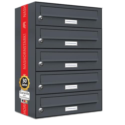 AL Briefkastensysteme 5er Briefkastenanlage Anthrazit Grau RAL 7016, Premium Briefkasten DIN A4, 5 Fach Postkasten modern Aufputz