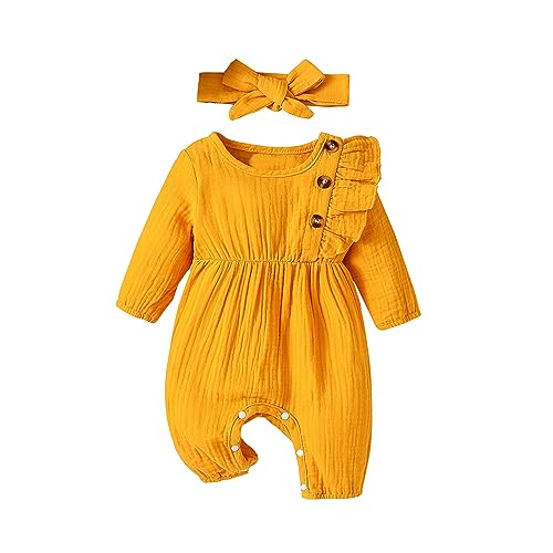 Image of EYIIYE Newborn Girl Fall Onesie Long Sleeve Jumpsuit Ruffled Romper Newborn Baby Coming Home Outfit Headband 2pcs