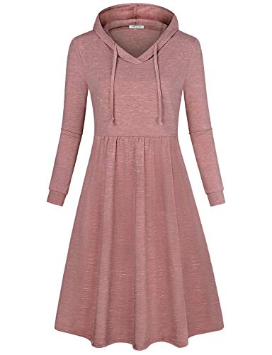 SeSe Code Fall Dresses, Women Hoodie Dress Pullover Long Sleeve Elastic Waist Cute Midi Shirred Front Fashionable Apparel Clothing Knee Length Baggy Ladies Dressy Tops Rust Medium