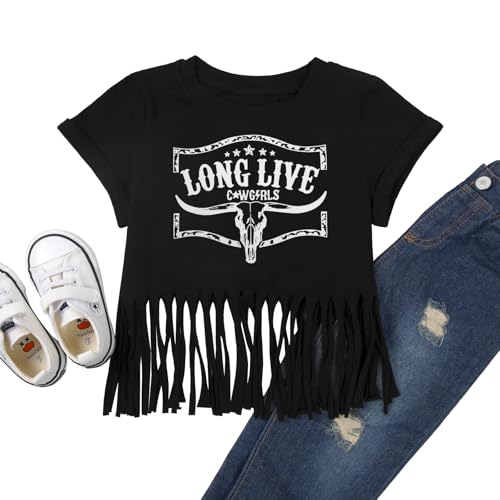 Image of Girls Western Shirt Cowgirls Embroidered Country Concert T Shirt Graphic Horseback Rider Tassel Fringe Tee Tops