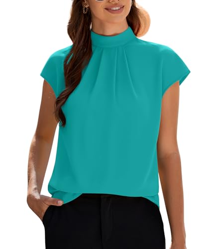 Image of Funlingo Womens Summer Tops Mock Neck Short Cap Sleeve Blouses Business Casual Work Chiffon Shirts Front Pleated Tunic Top