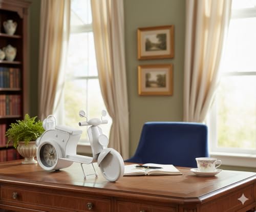 Reloj de sobremesa blanco con forma de scooter retro vintage para decoración de escritorio 7