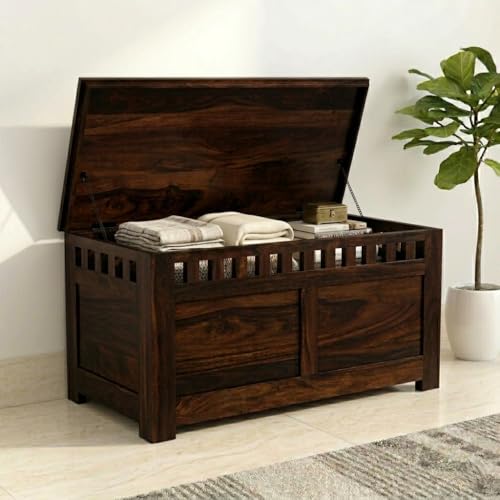 Image of Amazon Brand - Solimo Novae Solid Sheesham Wood Storage Trunk | Wooden Box Chest for Clothes Linen Storage for Bedroom Living Room and Home (Walnut Finish)