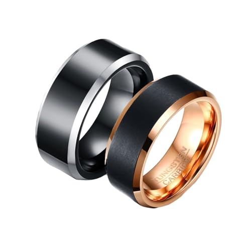 Bague de fiancaille couple anti-rayure en tungstène noir et or rose alliance ronde 8mm