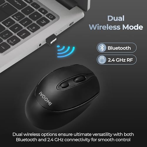 Image of iVOOMi BREE Rechargeable Wireless Mouse, Up to 30 Days Battery Life, Bluetooth 5.2 & 2.4GHz Silent Click, 12m Wireless Range, Adjustable 1600 DPI, Windows, macOS, Linux & Android - Black