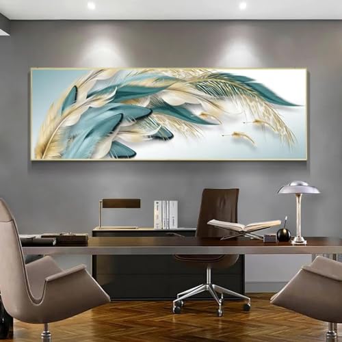 Art mural plumes dorées peinture sur toile moderne salon 50x140 cm