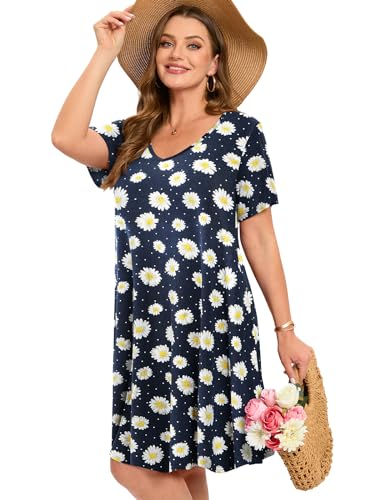 Image of ZENNILO Women's Plus Size Swing Dress with Pockets Casual Summer Dresses V Neck Short Sleeve T Shirt Dress for Women