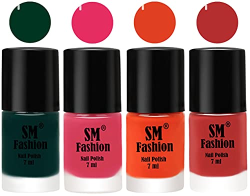 Image of Nail Polish Combo Set (Pack of 4) Quick Dry Gel Finish Nail Paint | Dark Green,Dark Rose Pink,Reddish Orange ,Coral Pink | 7 ml Each